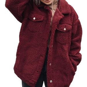 ECOWISH red fuzzy faux shearling oversized coat